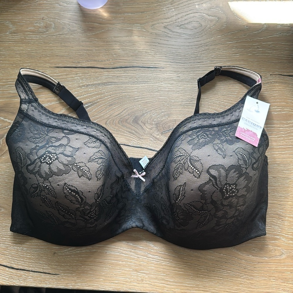 NWT Cacique Black Molded Lace Balconette Bra Womens 44G light padding underwire
